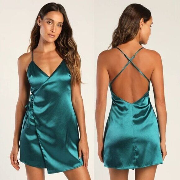 Lulu's Women Teal Satin Backless Wrap Mini Party Dress - Picture 1 of 5
